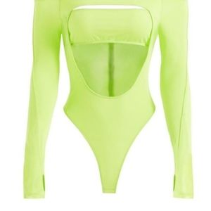 NWT HM X Mugler fitted acid green chartreuse cut-out bodysuit, H&M sz XXS